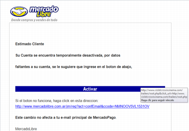 Así se ve el mail que engaña a los usuarios, alertándolos de la suspensión de su cuenta.