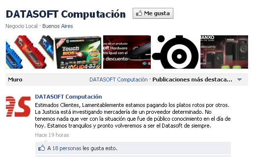 Datasoft explicó la situación a sus clientes mediante su perfil de Facebook.