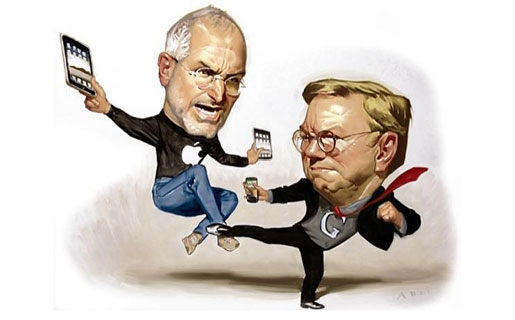 Steve Jobs (CEO de Apple) vs Erich Smidth (ex CEO de Google) peleando con sus dispositivos con iOS y Android en las manos (Crédito: Pinoy Tutorial)