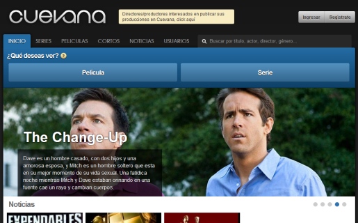 A la derecha del logo de Cuevana, se ofrece un link para que directores independientes se sumen a la movida.