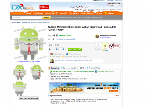 DealExtreme resultó el portal más sencillo de utilizar. Allí compramos una figura de acción de Android.