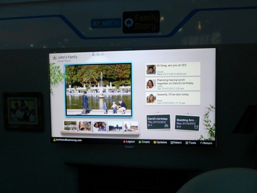 En esta fotografía, vemos la interface que propone Samsung para la TV denominada "Family Story". Algo así como una red social cerrada para los integrantes de la familia.