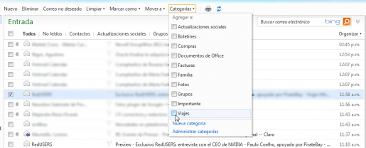 Las categorías de Hotmail