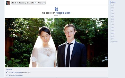 La timeline de Zuckerberg, con foto de boda y cambio de estado civil incluidos.