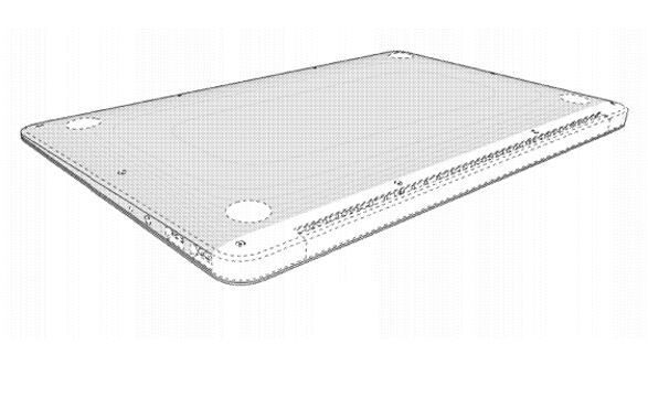 Vista inferior del diseño de ultrabook patentado por Apple. Las líneas continuas representan el diseño que los demás fabricantes no pueden imitar sin violar la patente..