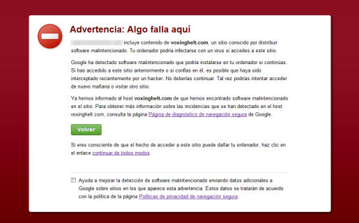 La clásica página que muestra que el sitio web solicitado es "sospechoso".