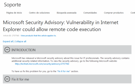 La página de Microsoft con el parche provisorio.