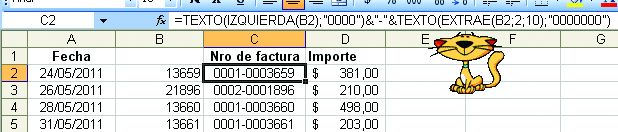 Las fórmulas de la columna [C] separan los números de la columna [B], rellenan con ceros e insertan un guión para armar el número de factura.