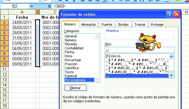 Este formato personalizado hace invisible el contenido de las celdas seleccionadas. Equivale a una opción de “formato oculto”.