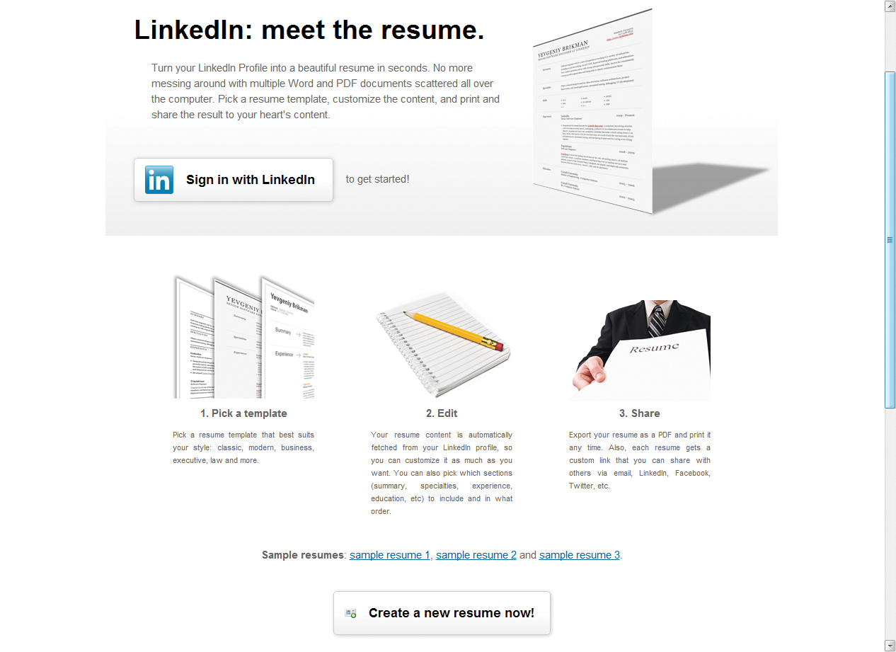Nos conectaremos a http://resume.linkedinlabs.com y haremos clic en [Create a new resume now]. Luego autorizaremos la conexión con LinkedIn haciendo clic en [Bien, permitir].