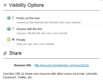 Por último, [Share] nos permitirá definir las opciones de privacidad (en el apartado [Visibility Options]) y compartir el material con el vínculo [Resume URL].