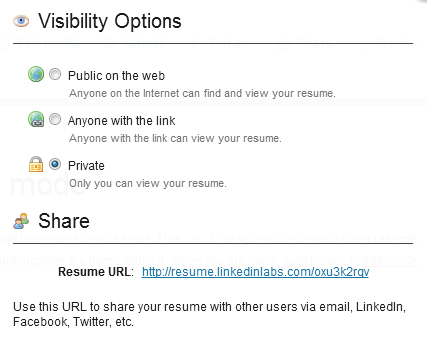 Por último, [Share] nos permitirá definir las opciones de privacidad (en el apartado [Visibility Options]) y compartir el material con el vínculo [Resume URL].