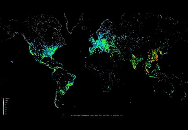 Mapa de calor que muestra la ubicación de los equipos más vulnerables y controlados por Carna.