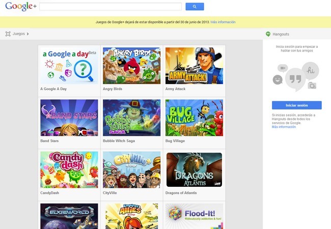 La sección Juegos de Google+ ya advierte sobre el cambio.