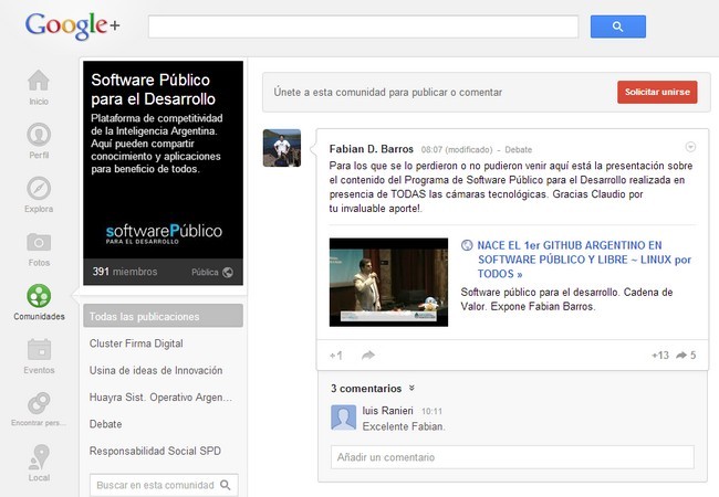 El Programa Software Público para el Desarrollo tiene su propia comunidad en Google+.