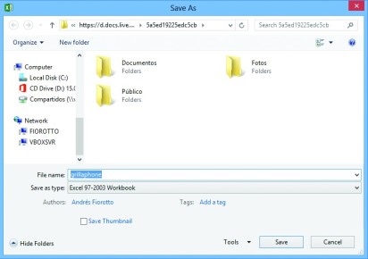 3) La grabación del documento en SkyDrive no tiene ninguna diferencia con hacerlo en un disco local. Podemos navegar y crear carpetas para organizarlos.