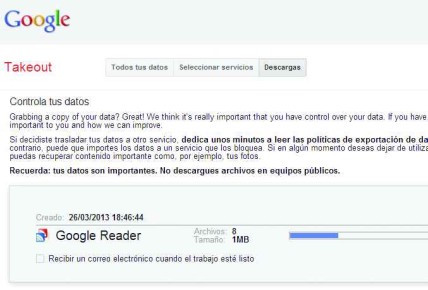 3) Hacemos clic en [Crear archivo] y esperamos que el servicio termine. Podemos marcar la casilla de verificación [Enviar un correo electrónico cuando el proceso termine] para que se nos avise en caso de que el proceso tome mucho tiempo.