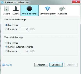 2) La solapa [Ancho de banda] nos permite regular la velocidad de carga y descarga de contenidos, para que las sincronizaciones grandes no nos compliquen la actividad con otras aplicaciones.