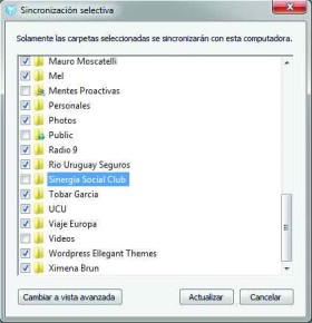 4) El botón [Sincronización selectiva] nos permite quitarle el tilde a aquellas carpetas que no queremos que se sincronicen con esta computadora. Así, su contenido sólo estará disponible en la nube.