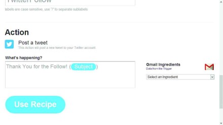2) En [What’s happening?] escribimos el mensaje que queramos que nuestros nuevos seguidores reciban. Luego hacemos clic en [Use recipe] e iniciamos sesión en Gmail.