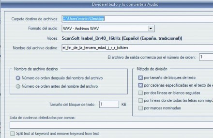 El pasaje a audio puede realizarse de varias formas diferentes, eligiendo formatos de salida y los criterios de división del texto.