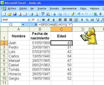 Las fórmulas de la columna [C] calcula la edad de estas personas al 6 de marzo de 2013. Estas fórmulas usan la poco conocida función SIFECHA, específicamente diseñada par este fin.