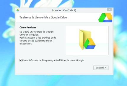 2) Google nos avisa que se creará una carpeta para sincronizar con nuestra cuenta de Drive. Podemos enviar a Google reportes respecto a potenciales problemas del servicio (conviene destildar si somos algo paranoicos con respecto a nuestra privacidad).