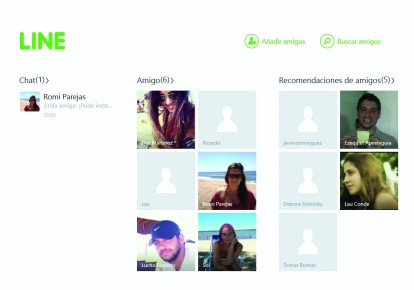 2) Esta es la interfaz principal de Line para Windows 8. A la izquierda están los chats más recientes, luego los amigos de nuestra lista, y cierran las recomendaciones.