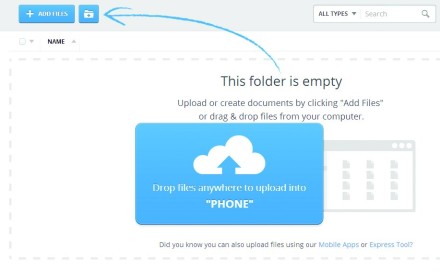 3) Parados sobre una carpeta podemos usar el botón de carga para agregar un archivo, como se hace en la mayoría de los servicios similares, o arrastrar y soltar desde el explorador de archivos.