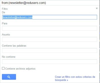 2) Chequearemos que el criterio de filtrado sea correcto (en nuestro ejemplo, el remitente del mensaje) y seguiremos el vínculo [Crear un filtro con estos criterios de búsqueda].