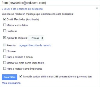 4) Por último, podemos marcar [También aplicar el filtro a las XX conversaciones que coincidan] y presionar luego el botón [Crear] para que todos los mensajes similares se agrupen en el mismo lugar.