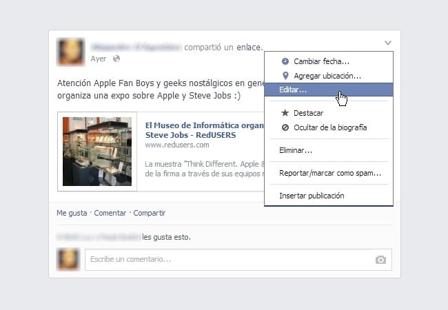 Así se utiliza la función de editar posts de Facebook.
