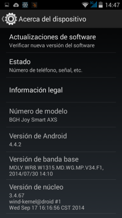 Captura de la versión de Android instalada.
