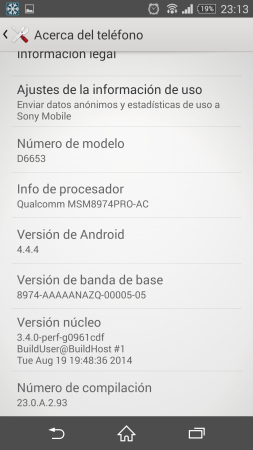 La versión de Android preinstalada, 4.4.4 Kit Kat