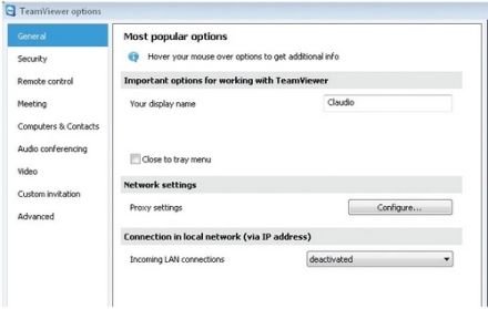 Accedemos a la configuración de TeamViewer y seleccionamos las opciones que consideremos adecuadas. Por ejemplo, podemos cambiar el nombre para mostrar, las opciones de seguridad y la calidad de video para reproducir la sesión remota.