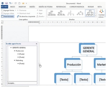 Escribimos la información correspondiente dentro de cada forma. También se puede hacer a través del Panel de texto, que puede activar desde el indicador que aparece a la  izquierda del diagrama o desde el comando [Panel de texto] del grupo Crear gráfico de la ficha contextual [Herramientas de  SmartArt/Diseño].