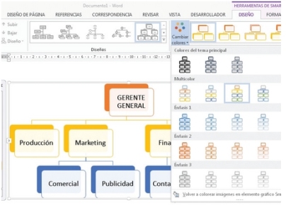 Modificamos los colores y el estilo para adaptar el diagrama a los formatos de nuestra preferencia o para crear una apariencia uniforme con el resto del documento. Con eso ya tendremos un organigrama claro y acorde al estilo visual de nuestra organización.