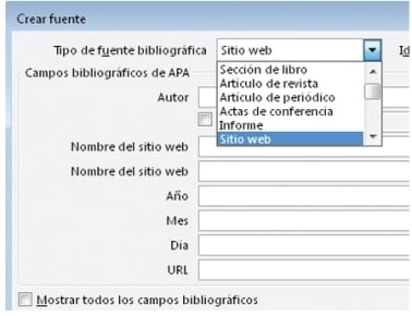 En el cuadro de diálogo Crear fuente desplegamos el menú [Tipo de fuente bibliográfica] y seleccionamos la opción [Sitio web].