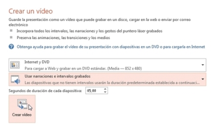Vamos a [Archivo/Exportar]. En el panel central seleccionamos [Crear un video] y en el derecho configuramos las opciones. Luego, hacemos clic en el botón [Crear video].