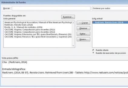 Regresamos al cuadro de diálogo Administrador de fuentes y, en el panel Lista actual, vemos la nueva fuente cargada. En el panel Vista previa se muestra el formato de la fuente para la cita y la entrada bibliográfica, de acuerdo con el estilo elegido previamente. Hacemos clic en [Cerrar].