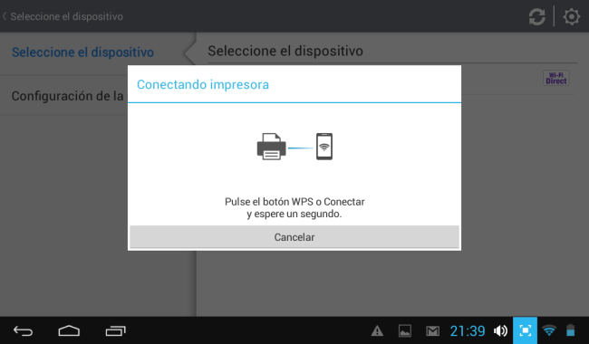 14 - Como se conectara por Direct WiFi me pide que presione el botón WPS que esta sobre la impresora. 