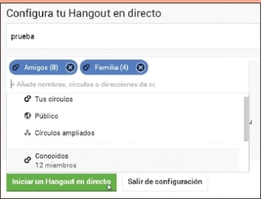 En la ventana emergente escribimos un nombre para identificar al hangout en directo, elegimos a los participantes desde los contactos de Google+ o invitamos a otros usuarios escribiendo sus direcciones de correo electrónico y luego presionamos sobre [Iniciar un Hangout en directo].