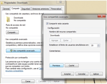Para compartir elementos de una PC, entramos en las [Propiedades] del recurso, buscamos la opción [Uso compartido avanzado], marcamos [Compartir esta carpeta] y damos los permisos.