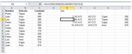 La fórmula de la celda [E4] calcula el número de fila de la segunda aparición en la tabla de la izquierda del nombre escrito en [E1].