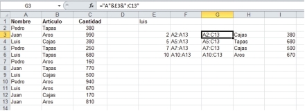La fórmula de la celda [G3] arma el rango de la tabla que comienza en la fila indicada en la celda [E3].