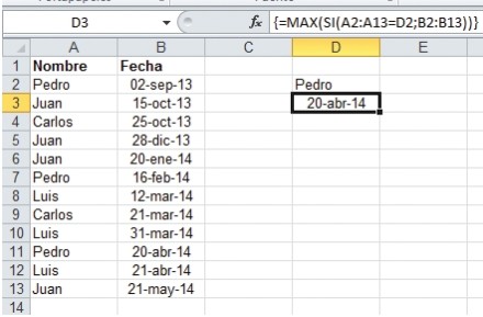 La fórmula de la celda [D3] encuentra el mayor de los valores del rango [B2:B13] para los cuales el respectivo valor de [A2:A13] es igual al de la celda [D2]. Las llaves que encierran la fórmula revelan que ha sido ingresada con la combinación .