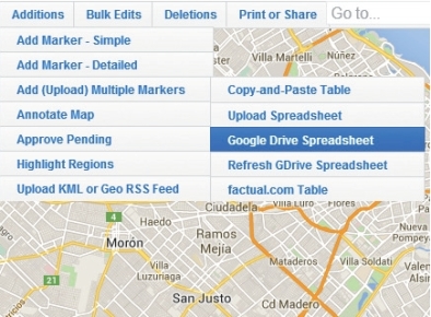 Agregaremos marcadores múltiples con [Additions/Add (upload) multiple markers]. Podremos usar como origen una planilla colaborativa con [Google Drive Spreadsheet].