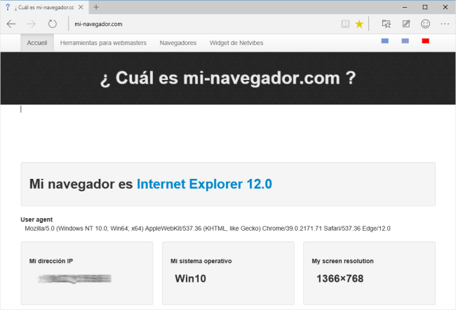 La detección del motor de navegación ya figura como Edge, aunque muchos sitios web lo interpretan por el momento como Internet Explorer 12.0.