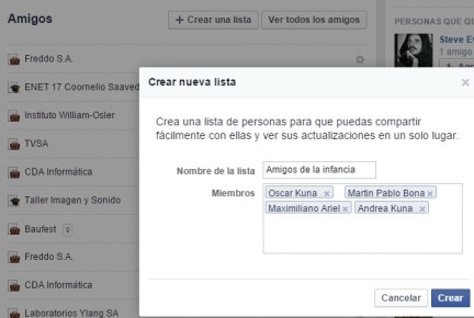 Al crear una nueva lista, simplemente debemos agregar el nombre con la que queremos visualizarla y, en el segundo campo, los contactos de Facebook que deseamos que figuren en ésta.