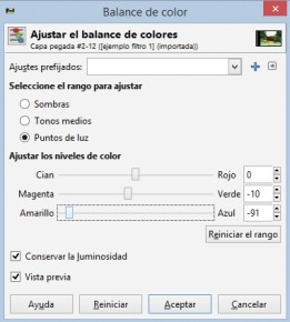 Desde [Balance de color] podremos modificar los niveles de color de la foto y seleccionar a que rango queremos que dichos cambios afecten.